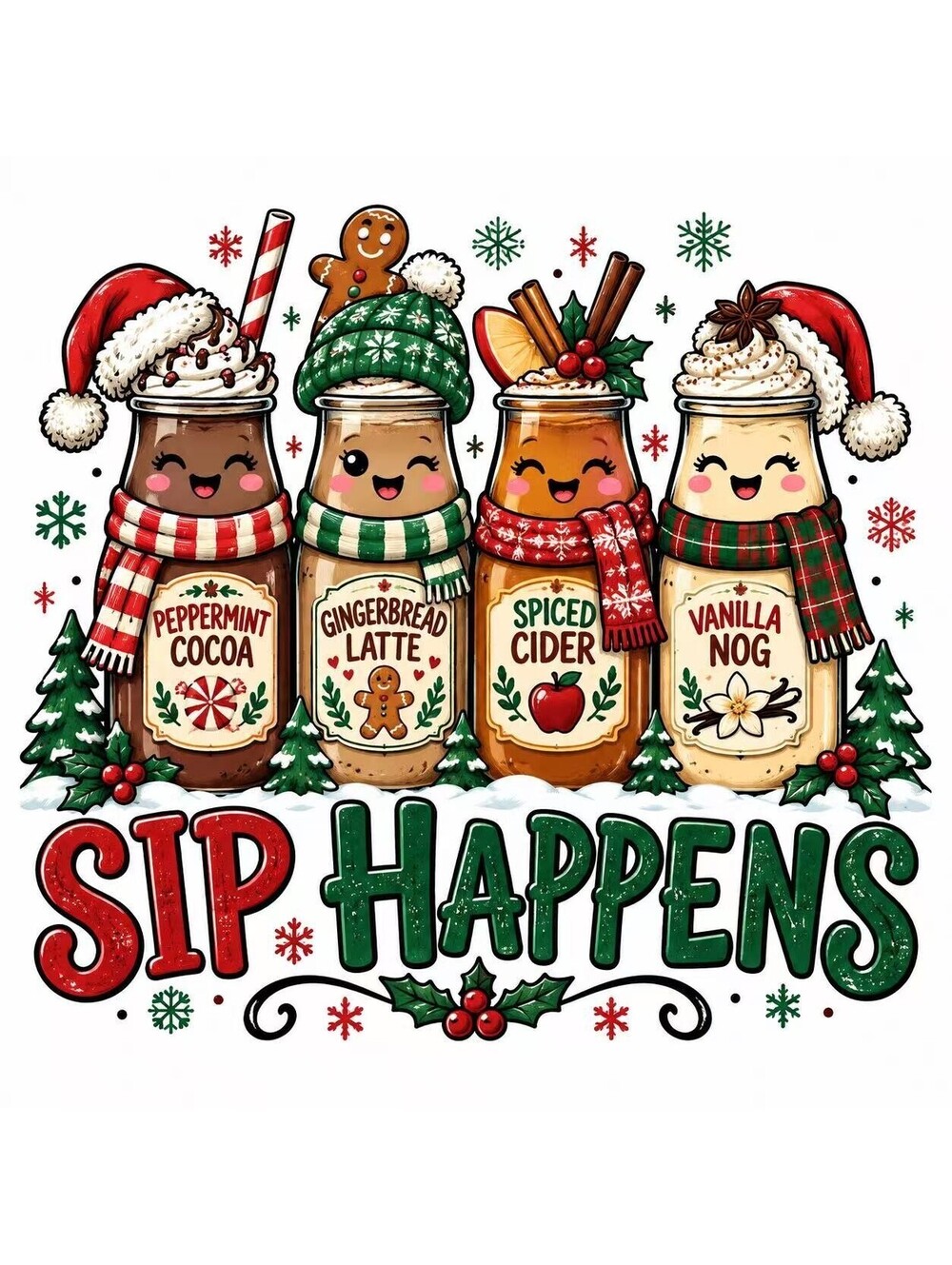 4Pcs Christmas Drink DTF Transfers 10" Sip Happens Holiday Heat Press